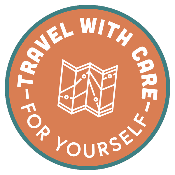 A giphy showing a circular icon with the words "Travel With Care - For Yourself" around an illustrated map.