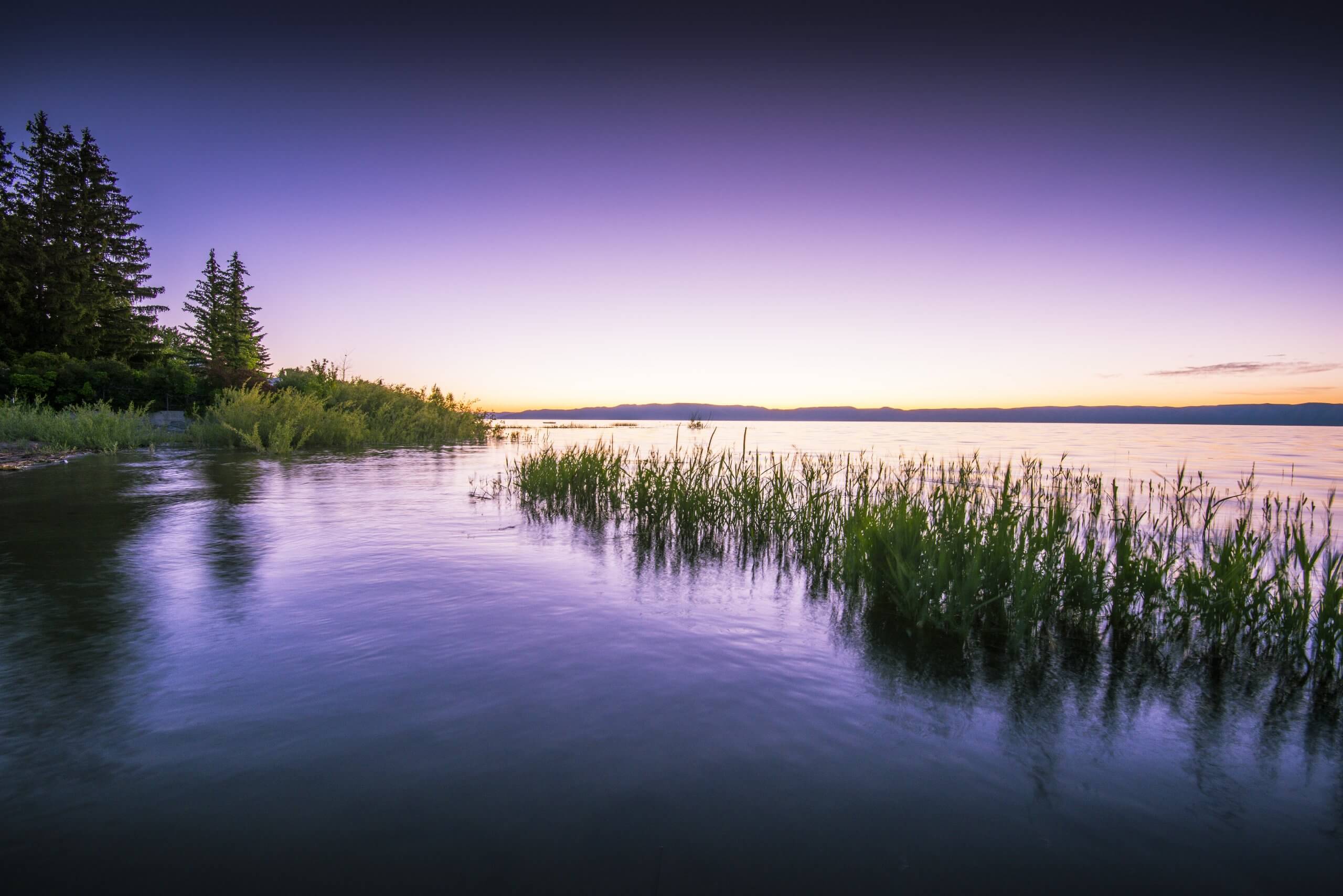 A purple-colored sunrise over Bear Lake.