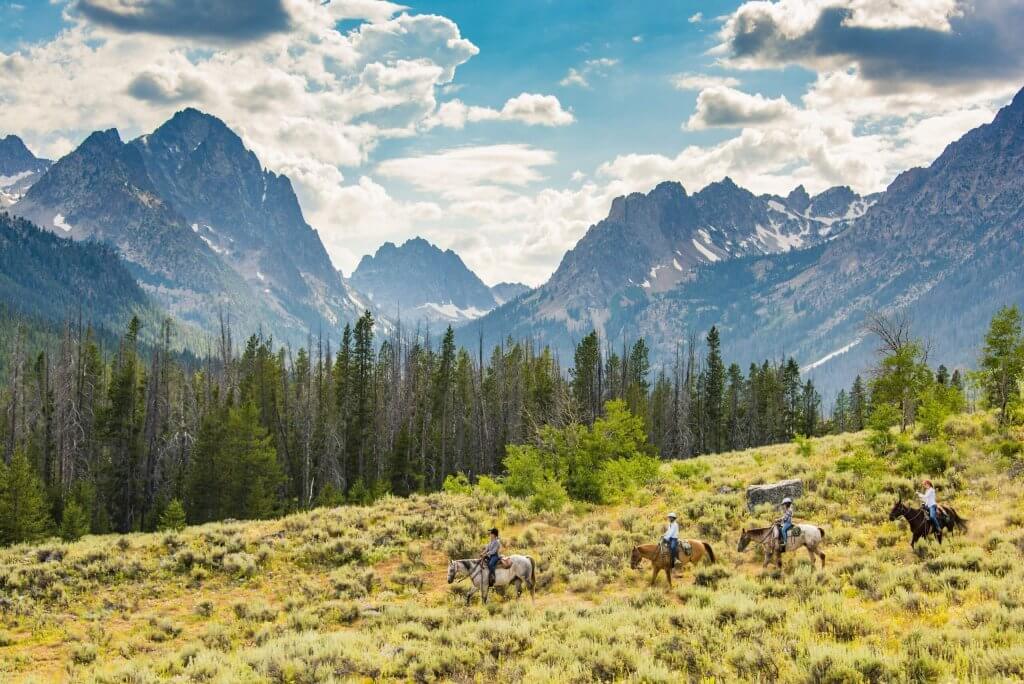 A group of people horseback riding through an open landscape with a forest and the Sawtooth Mountains in the distance.