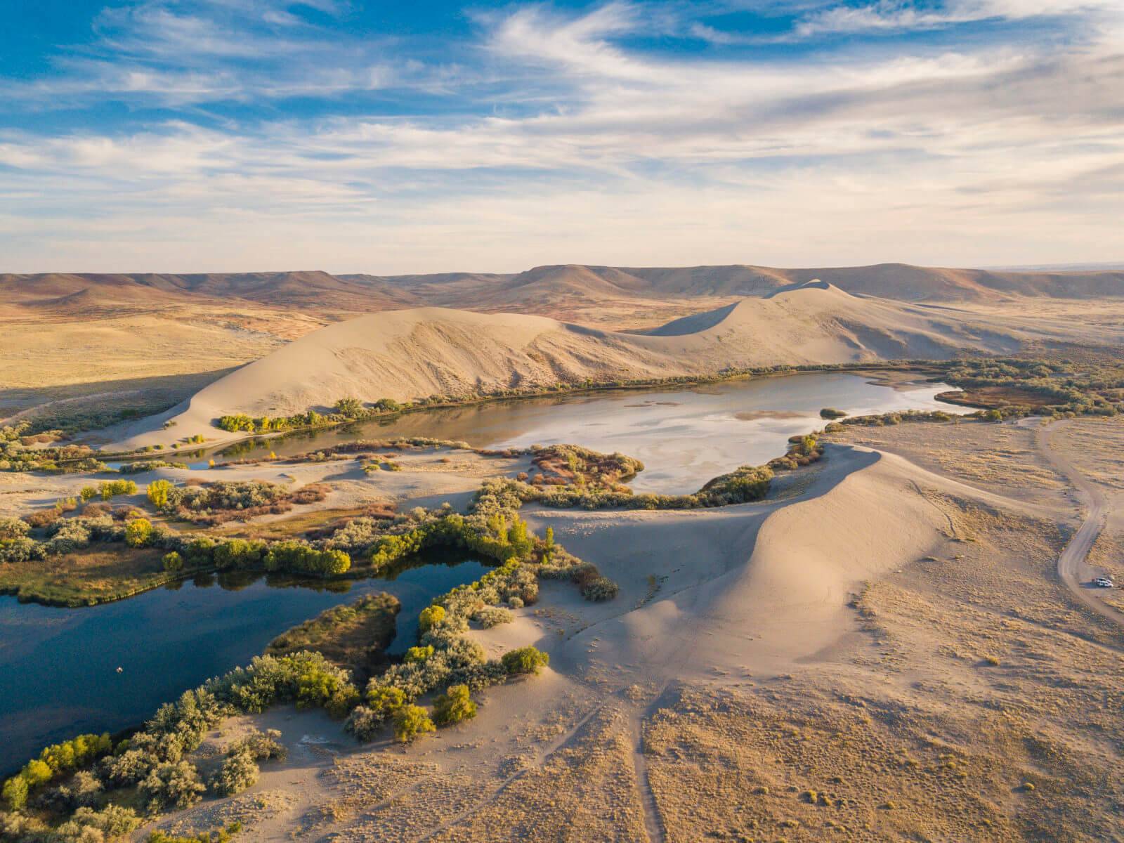An overhead view of the sand dunes at Bruneau Dunes State Park.