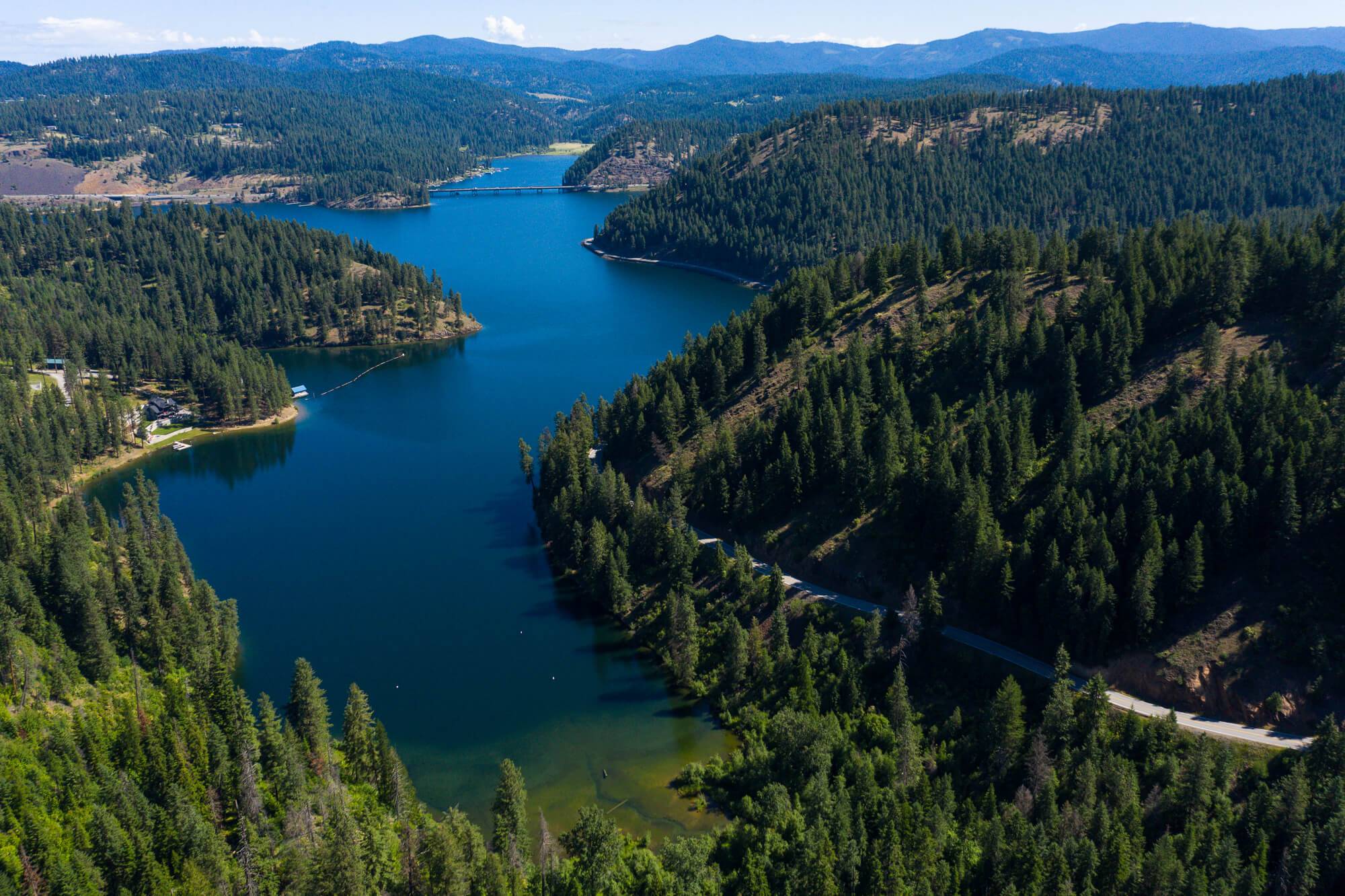 An aerial view of Lake Coeur d’Alene Scenic Byway.