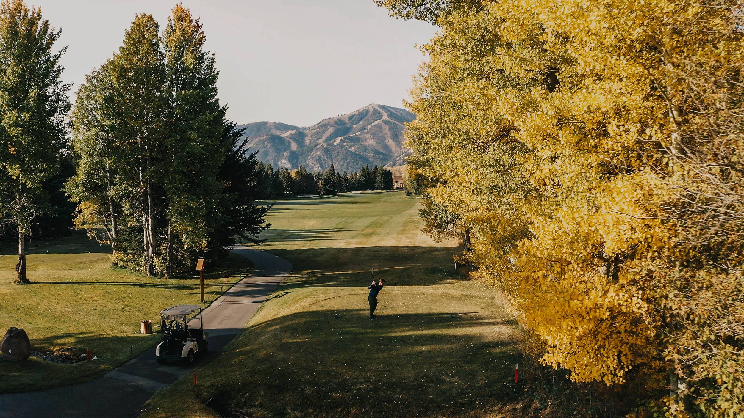 A person at a golf course surrounded by green and gold trees, preparing to swing a golf club.