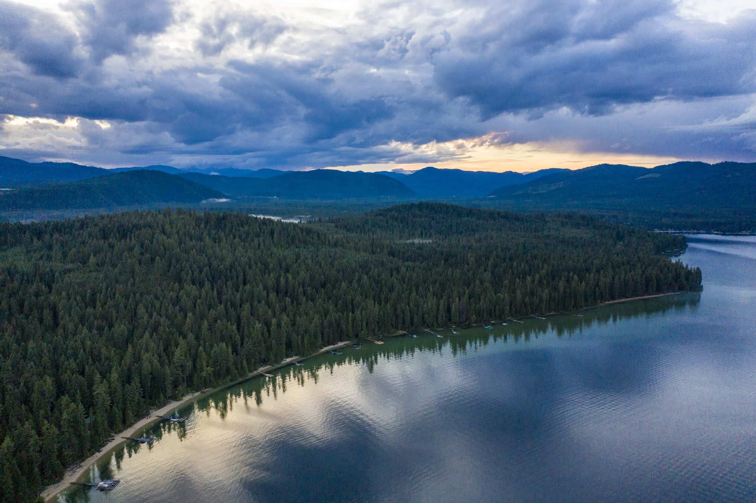 Aerial view of Priest Lake at twilight.