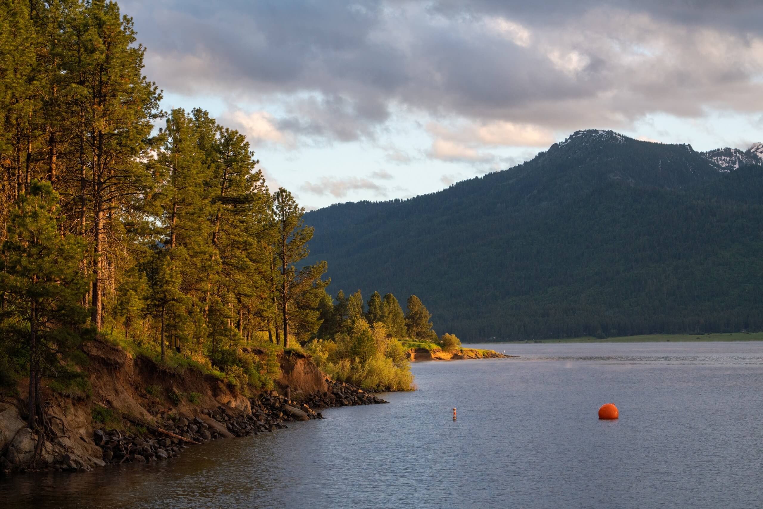 A buoy floating in the water along the shoreline of Lake Cascade State Park.