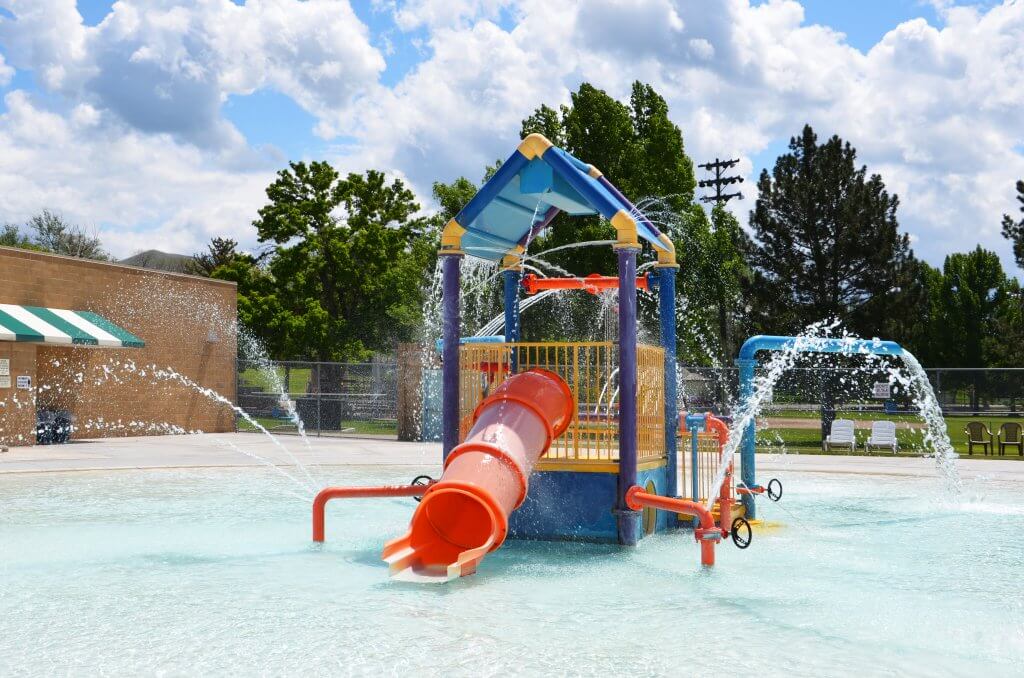 A water park playground at Ross Park Aquatic Complex spraying water.