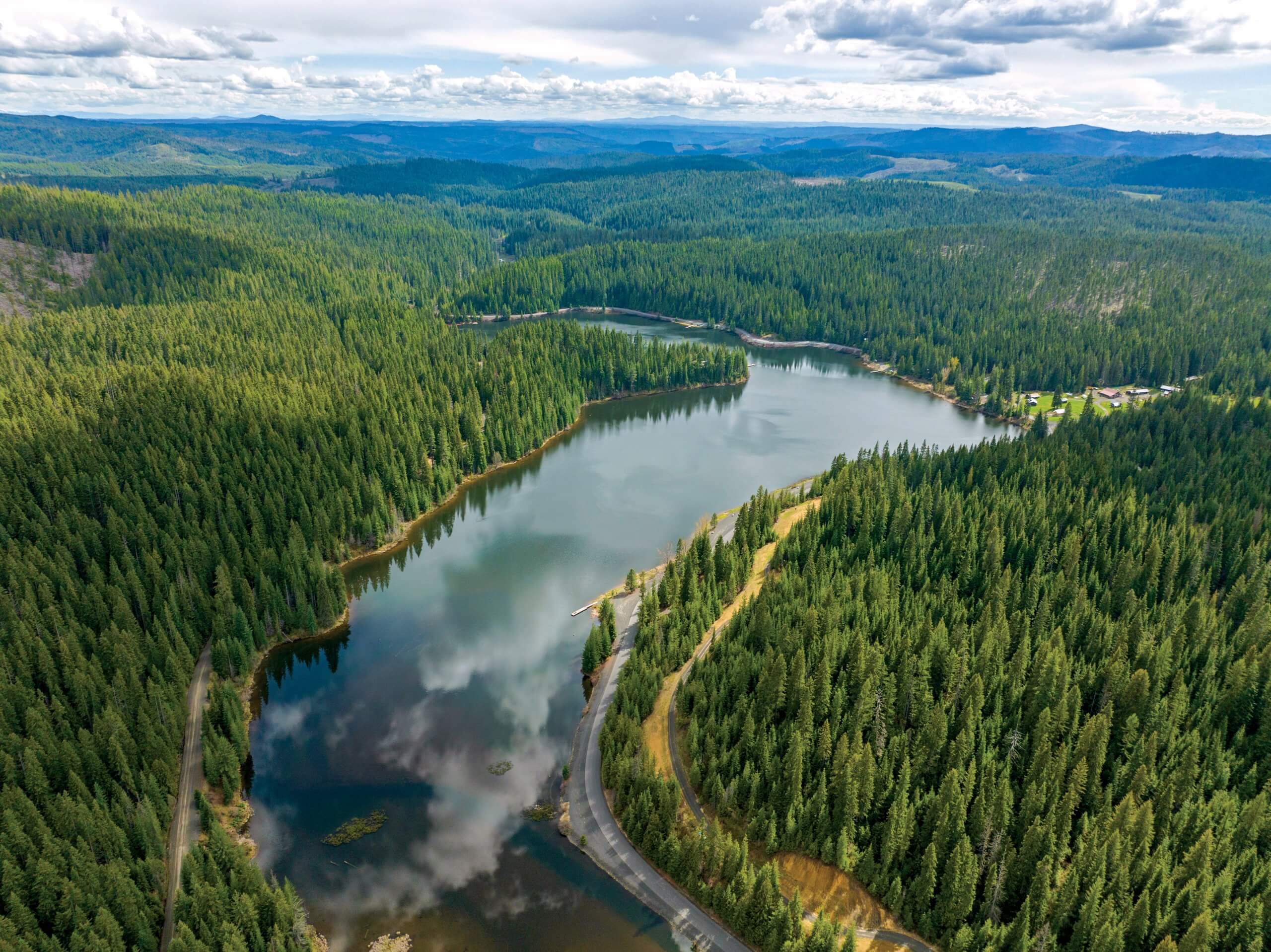 An aerial view of the water and expansive forest at Dworshak Reservoir.