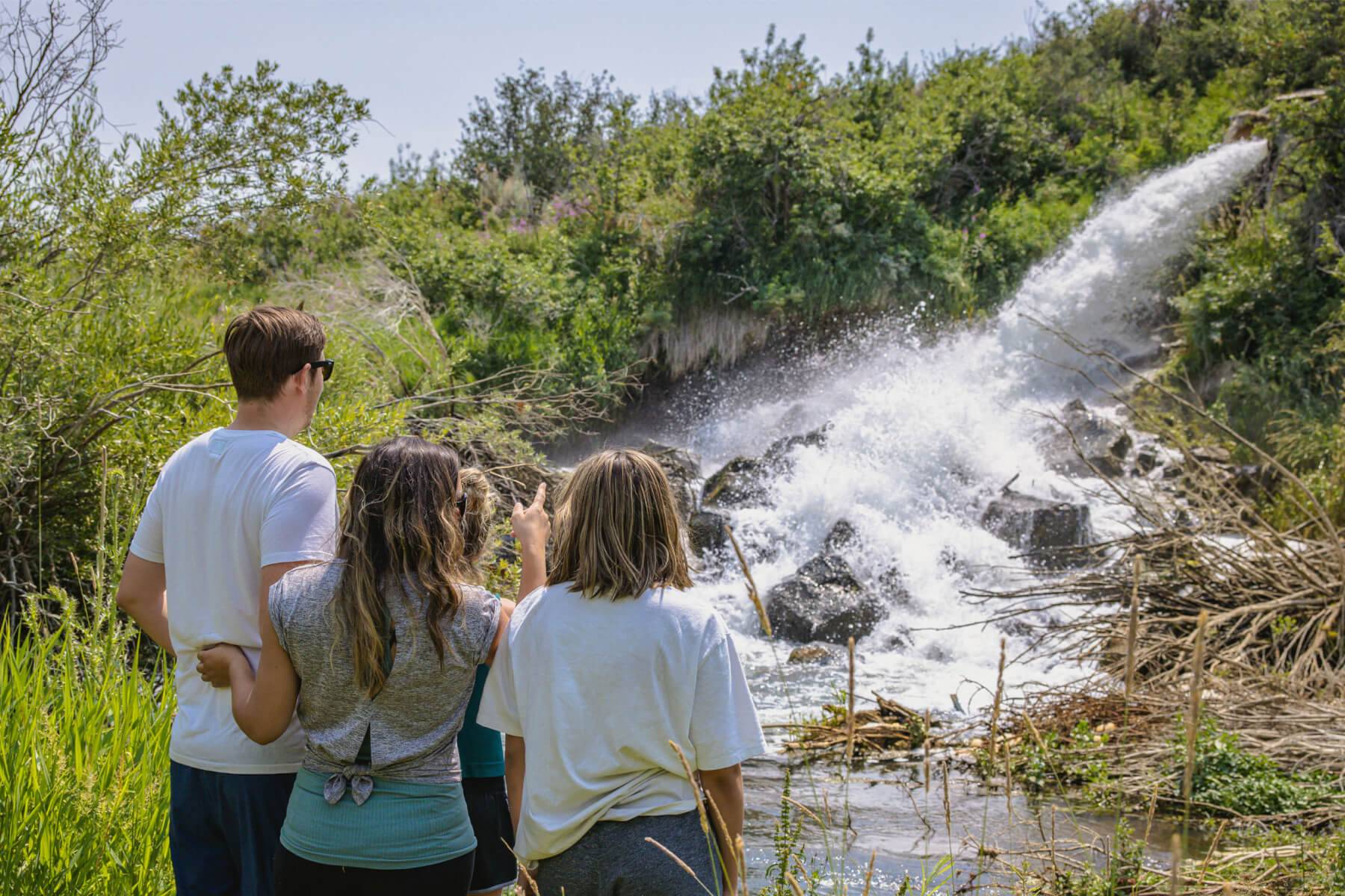 a group of people looking at a spring gushing out water from the side of a brush covered hill