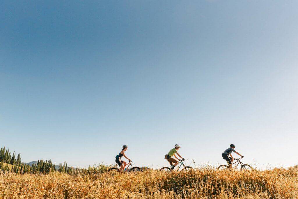 three mountain bike riders on hill ridge
