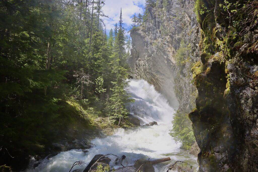 A view of Lower Granite Creek Falls in a deep canyon with tall trees on either side.