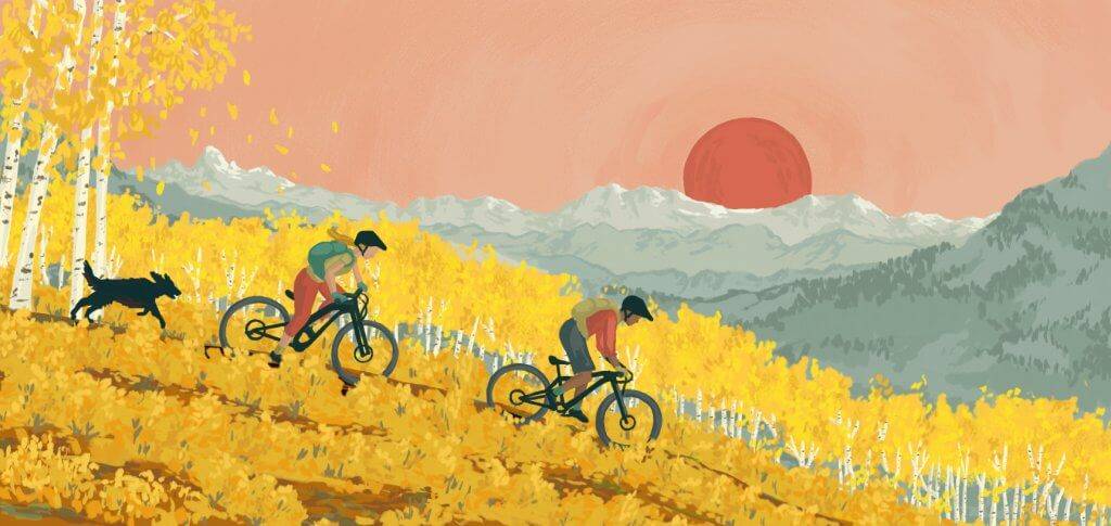illustration of people riding bikes with sunset in mountains