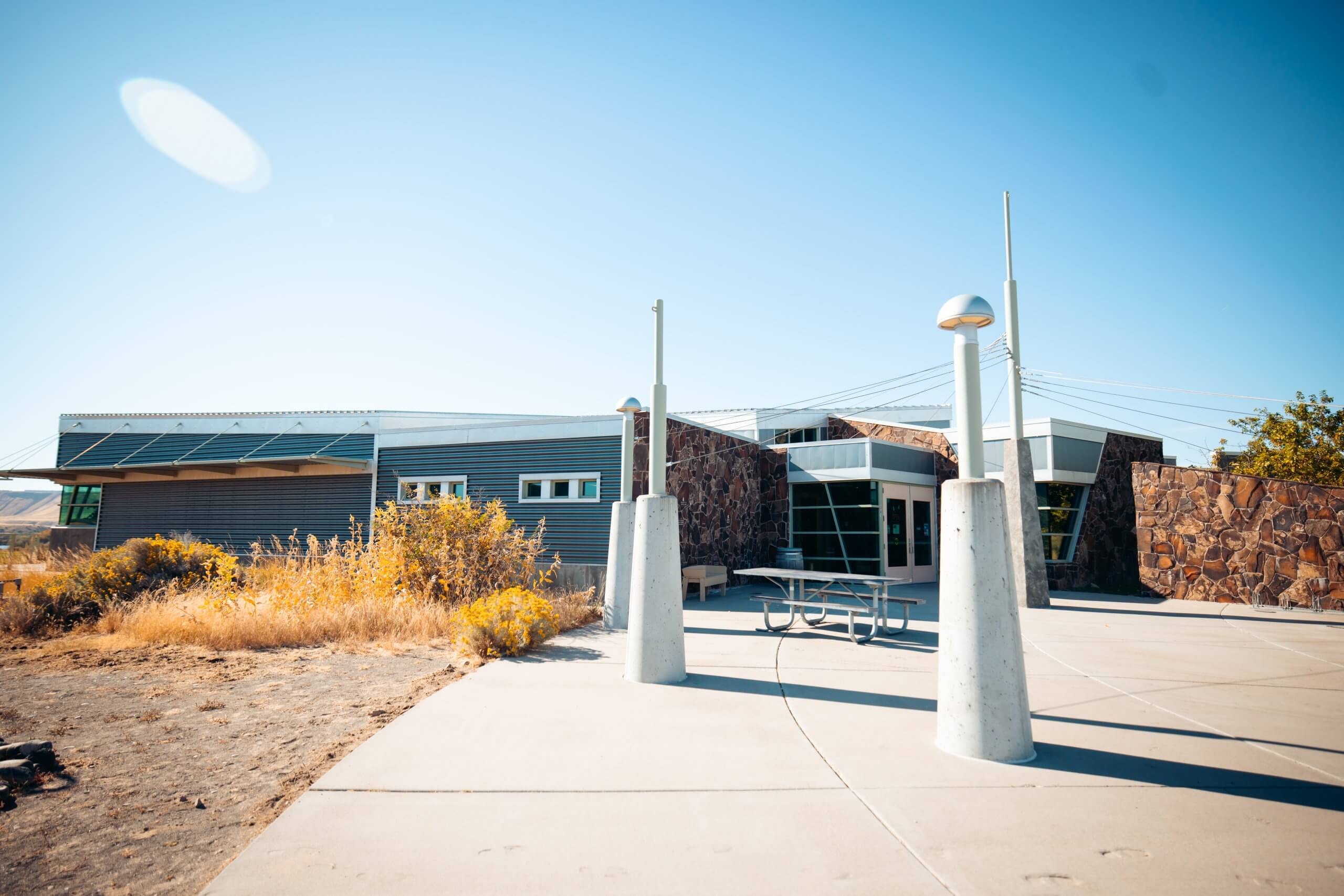 An exterior shot of the Oregon Trail Interpretive Center at Three Island Crossing State Park.