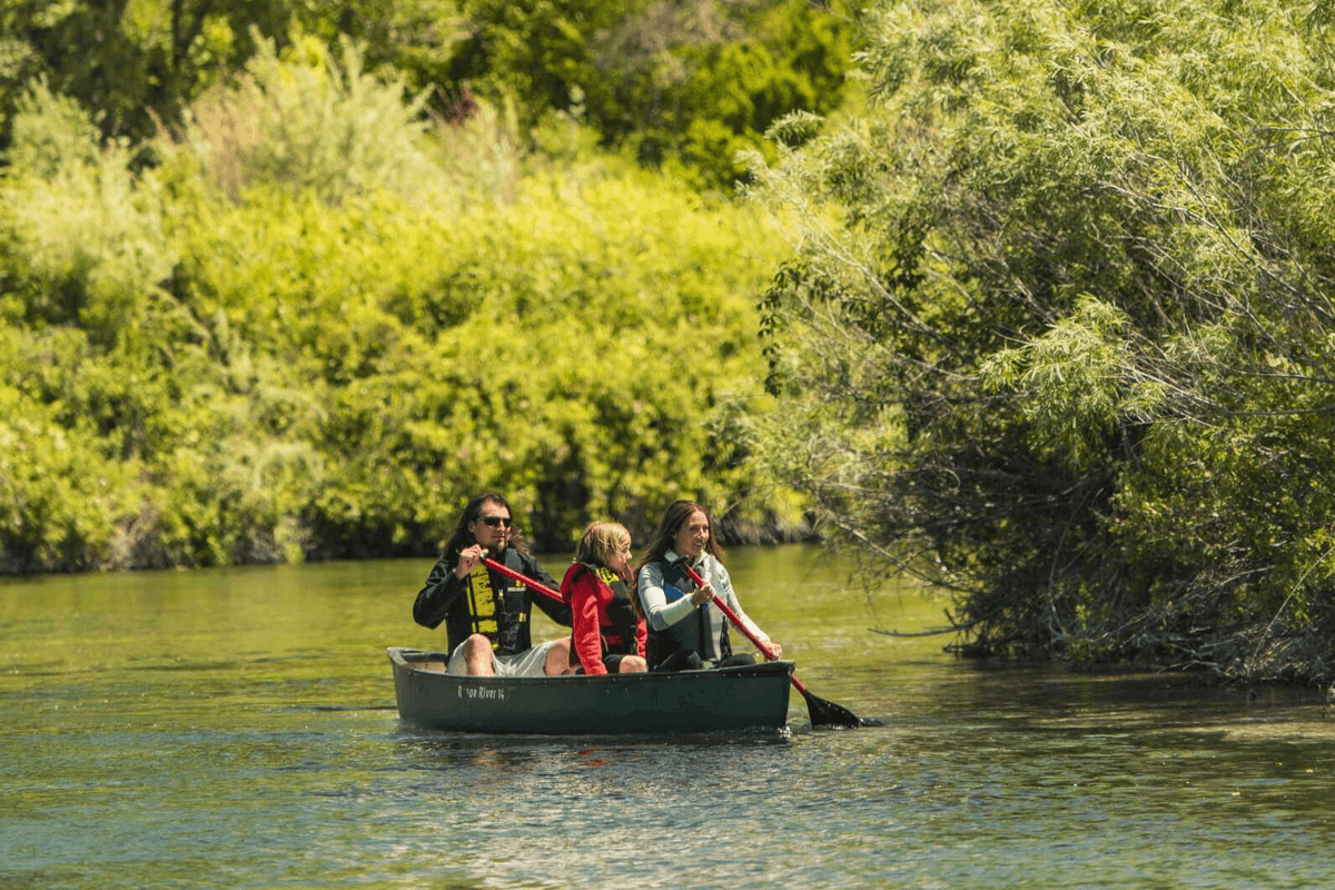 A group of three people paddling a canoe on a tree-lined river at Thousand Springs State Park.